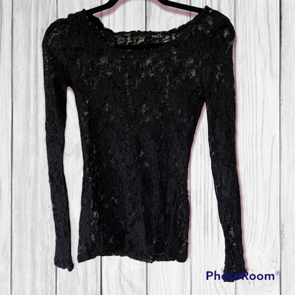Rue 21 Black Lace Long Sleeves Shirt Stretchy